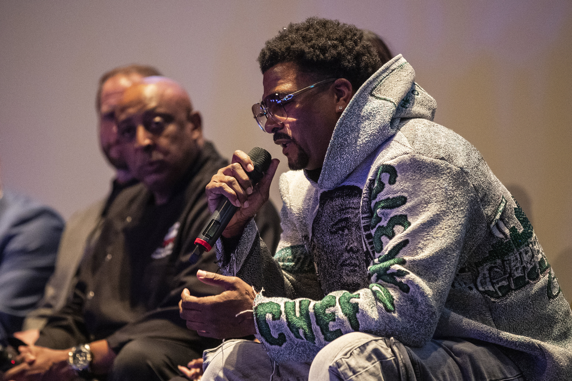 Chef Jimmy Lee Hill and Dink Dawson speak during the panel discussion after the Michigan premiere of "Coldwater Kitchen" on the first day of Freep Film Festival at the Detroit Film Theatre in Detroit on Wednesday, April 26, 2023.